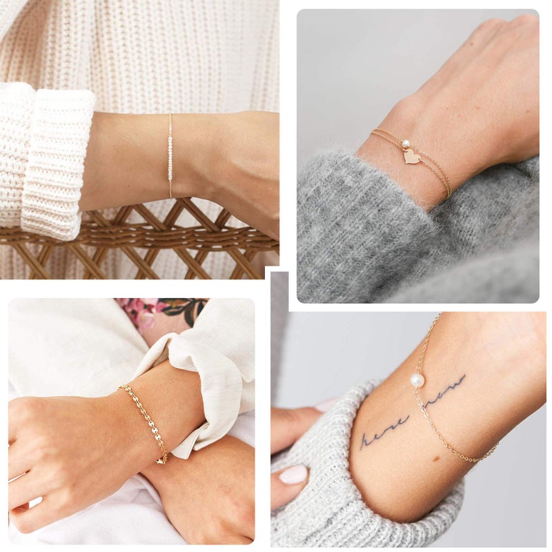 Softones 12pcs Simple Silver Gold Bracelets for Women Cute Pearl Bracelet Tiny Charm Dainty Handmade Bracelet Set Adjustable - Image 2